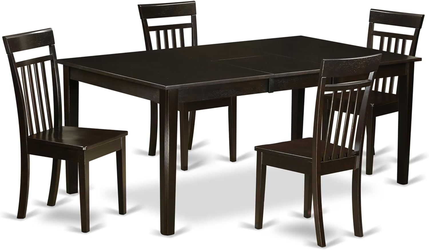East West Furniture HECA5-CAP-W 5-Piece Dining Room Set - a Self-Storing Butterfly Leaf Wooden Dining Table - 4 Kitchen Chairs with Solid Wood Seat & Slatted Back - Cappuccino Finish