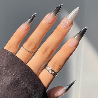 Glitter Press on Nails Long Stiletto Black French Fake Nails Shiny Nails Long Ballerina Artificial Acrylic Nails Reusable False Nails with Glue on Nails Natural Stick on Nails for Women Charm Manicure