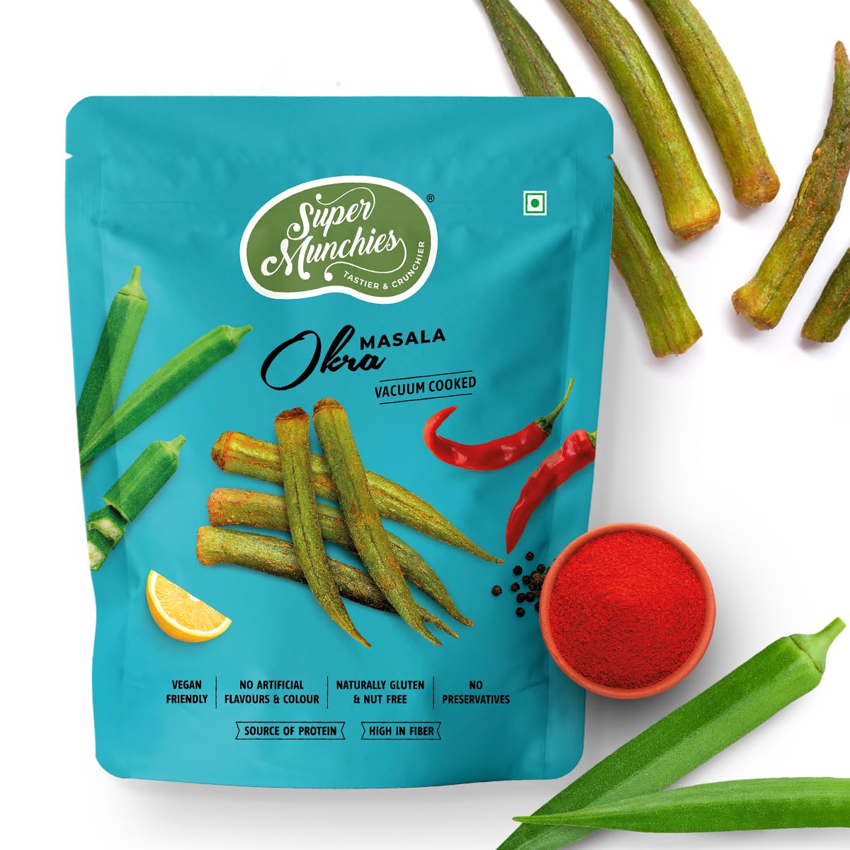 Super Munchies Vacuum-Cooked Crunchy Masala Okra – Vegan, Plant based Protein, High FIber, Gluten-Free, Zero Cholesterol, Zero Trans Fat, No Preservatives. (10, Masala)