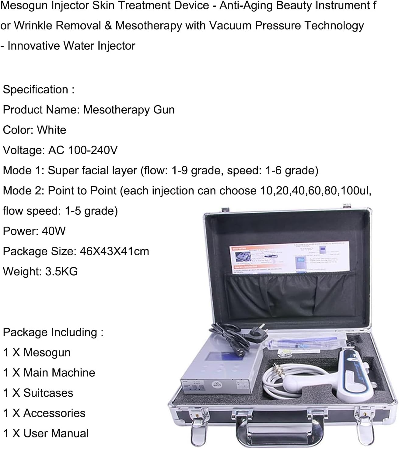 Mesogun Mesogun Injector Skin Treatment Machine, for Wrinkle Removal, Water Injector, Mesotherapy, Vacuum Pressure, Meso Gun,46 x 43 x 19 cm