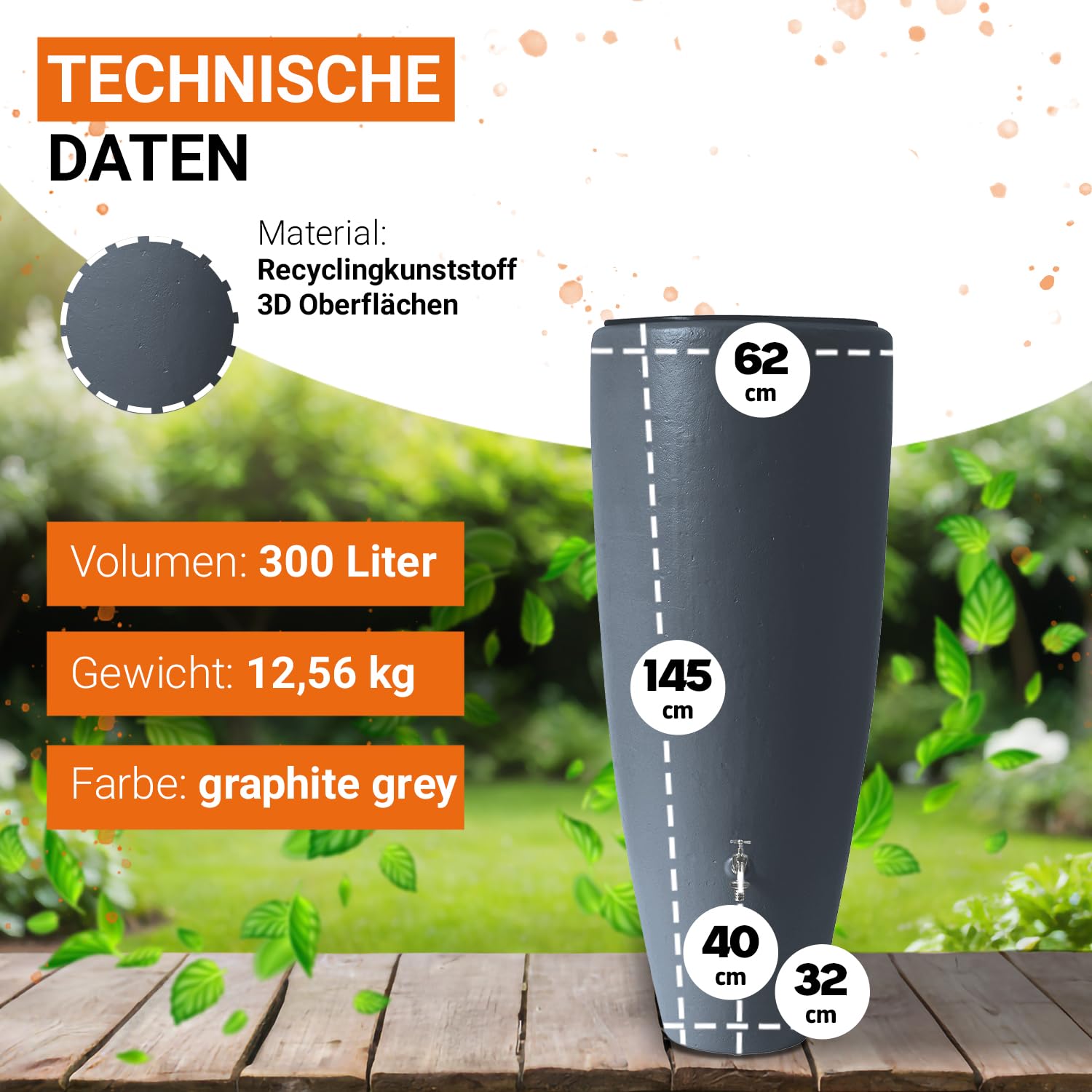 GARANTIA 2in1 Regentonne Komplett-Set 300 Liter Graphite Grey inkl.