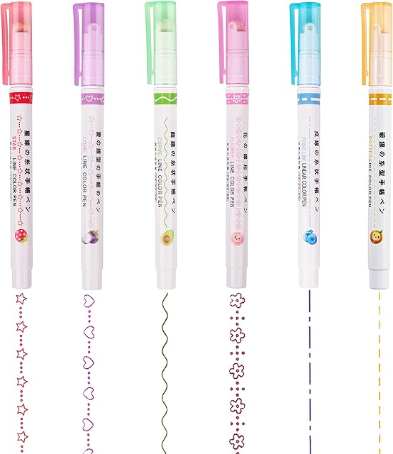 ZORRA 6PCS Highlighters Pens, 6 Colors Flair Pens Curve Highlighter Pen Set, Highlighters Flair Pens That Make Patterns for Writing Drawing Office School Supplies