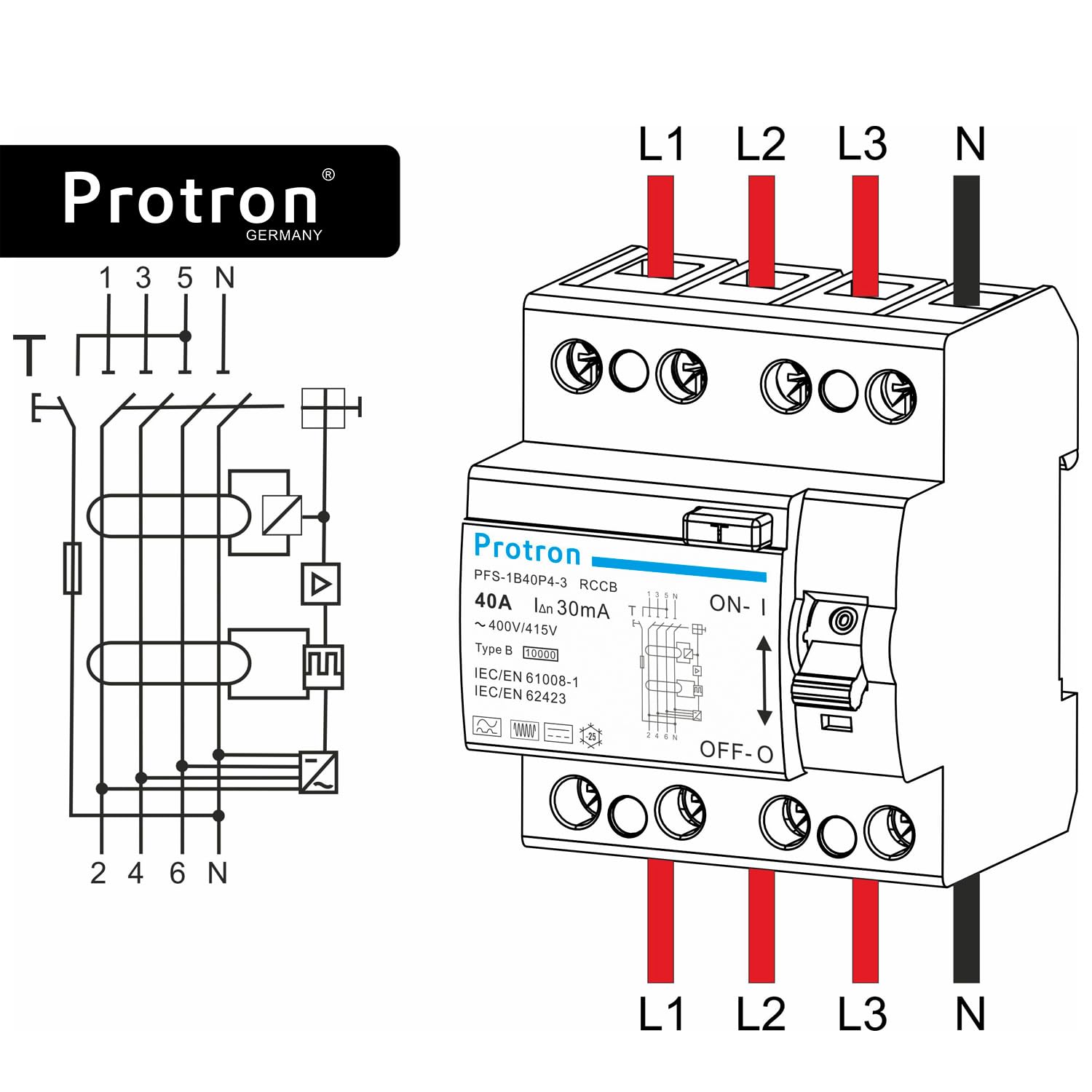 Protron FI Fehlerstromschutzschalter FI Typ B Allstromsensitiv 4P, RCCB RCD für PV Anlage Wallbox E-Auto (40A-300mA)