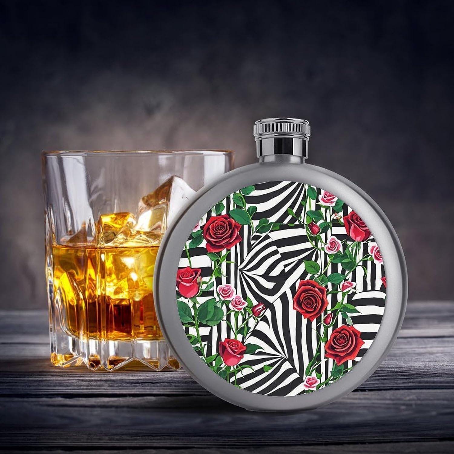 Black White Stripes Red Rose Flowers Stainless Steel Flagon to 5 Oz with Screw Cap,Hip Flask for Men–Whiskey & Liquor Pocket Flask,Alcohol Flagon for Camping Drink Sports Outdoor Wine Bottle