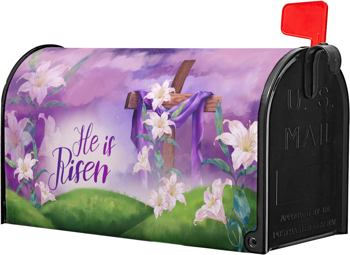 Kawani Easter He is Risen Mailbox Cover - Magnetic Happy Easter Mailbox Wrap - Standard Size 18 X 21 Inch - Purple Flowers Decorative for Home & Outdoor