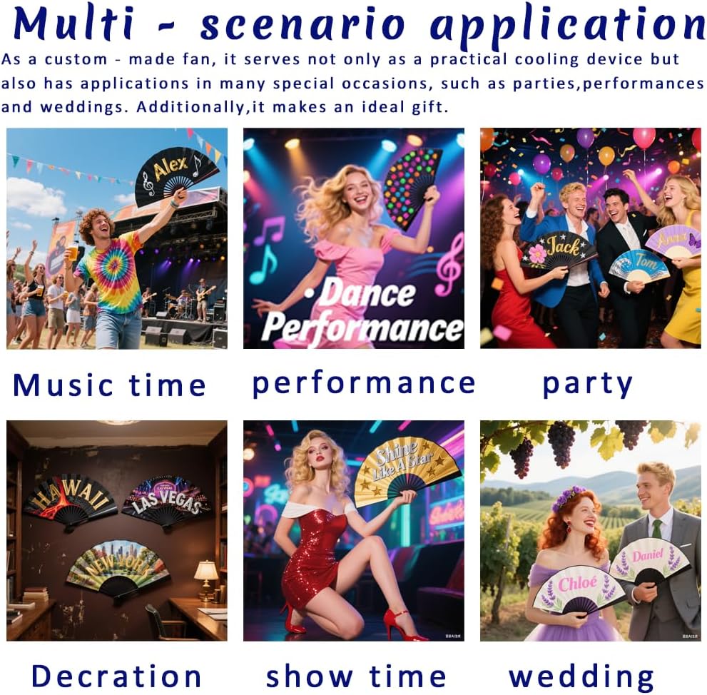 Personalized Folding Hand Fans with Photo/Text/Logo, Custom Clacking Fans for Wedding, Dancing, Trail Ride, Rave, Cosplay, Concert, Saloon & Line Dancing Gifts (5, 13" long × 23.5" wide)