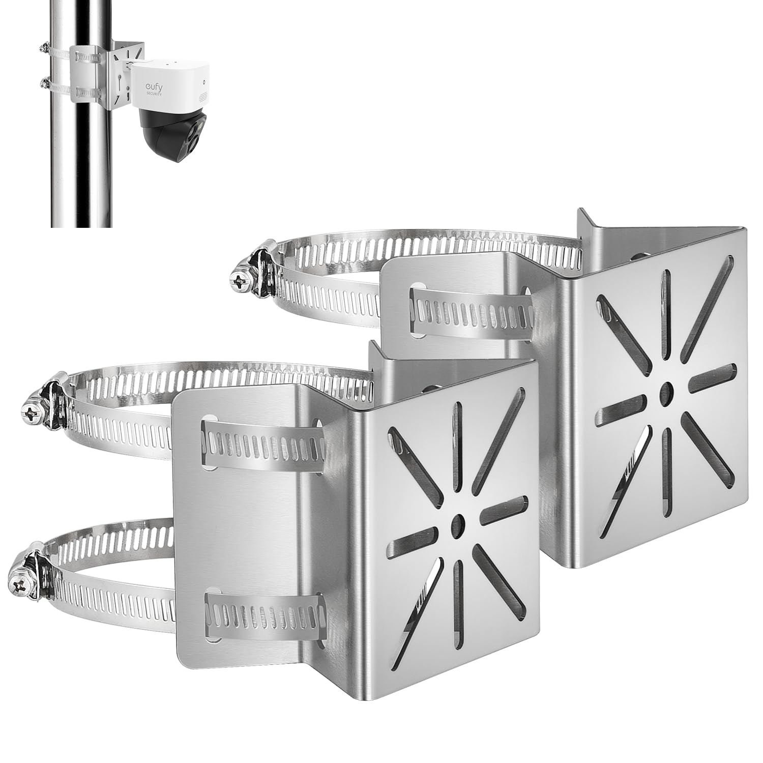 Tonton 防犯カメラ 取付金具 EufySolo CamS340、SoloCam E30用 ブラケット ポール スタンド マウントハウジング 監視カメラ 円柱 角柱 屋外 穴あけ不要 2個セット