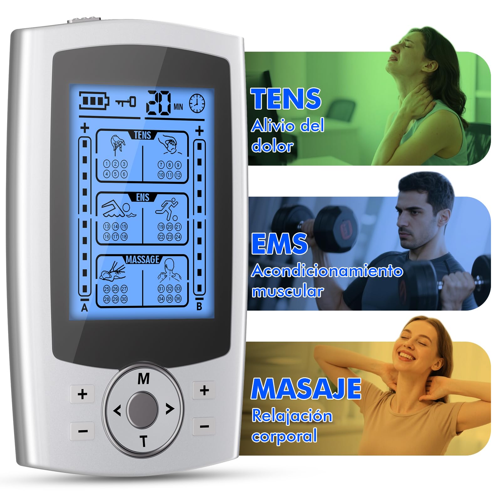 Electroestimulador Muscular TENS EMS Masaje 3 en 1, Electrodos para TENS, con 24 Programas 2 Canales 10 Piezas de Electrodos TENS, 20 Niveles de Intensidad para Muscular Relajación