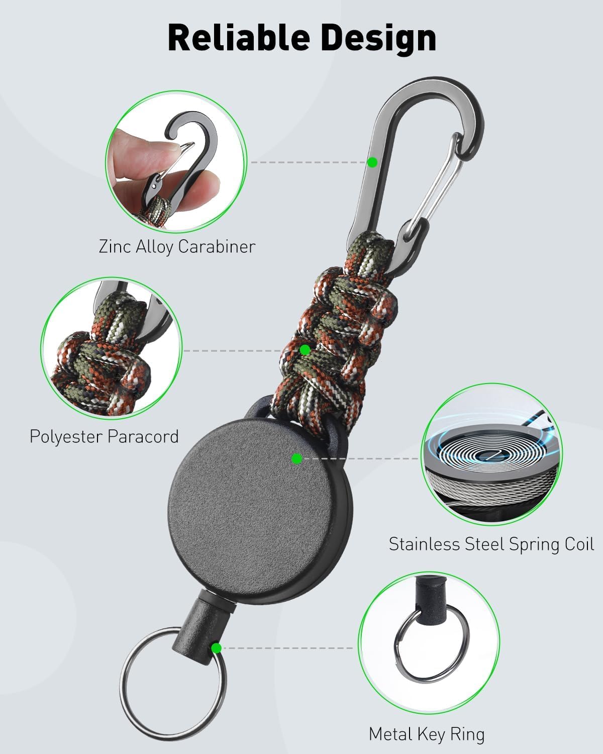 Uniclife 2 Pack Retractable Keychain, Retractable Key Holder, Heavy Duty Badge Reel for Keys and ID Card, Extendable Badge Holder Clip with Carabiner Paracord and Key Ring（Army Green & Orange） image 2