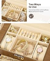 Vista 13 de Homde Regalos de Navidad de cuero sintético, enorme joyero, organizador de reloj con espejo, collar, anillo y aretes, estuche de regalo con Dorado