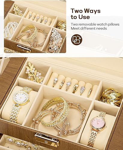 Miniatura 13 de Homde Regalos de Navidad de cuero sintético, enorme joyero, organizador de reloj con espejo, collar, anillo y aretes, estuche de regalo con Dorado