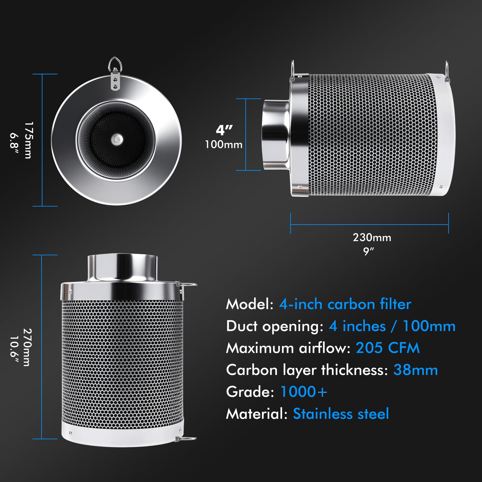 Filtro de Carbón Activo 100mm con Cuerda,Espesor de la Capa de Carbono de 38 mm,para Tentes de Cultivo,Ventiladores en Línea y Cultivo Interior