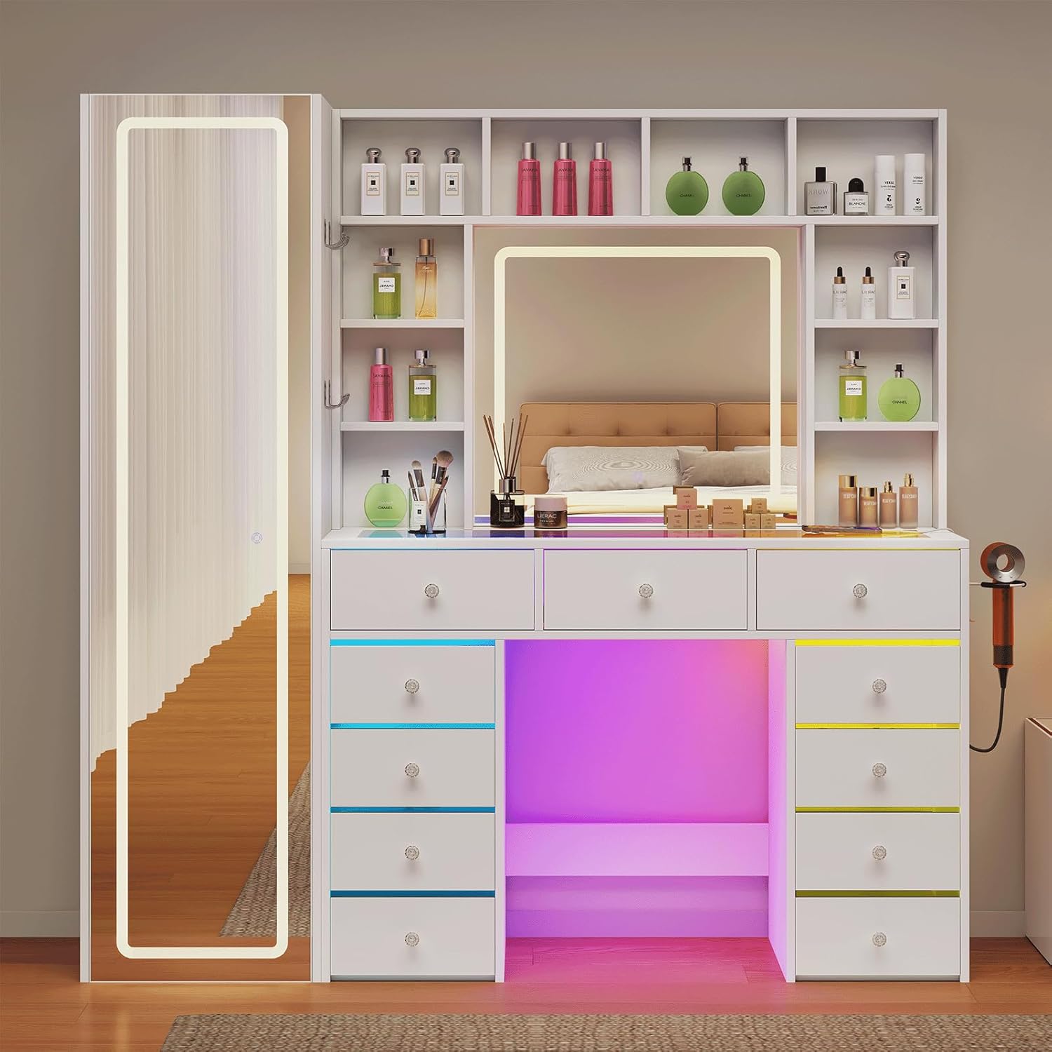 60.82" Full Length Mirror Makeup Vanity Desk with Smart LED Mirror & Charging Station, Transparent Top with 11 RGB Drawers, 10 Shelves, 3 Lighting Modes & Adjustable Brightness, Vanity Woman, White