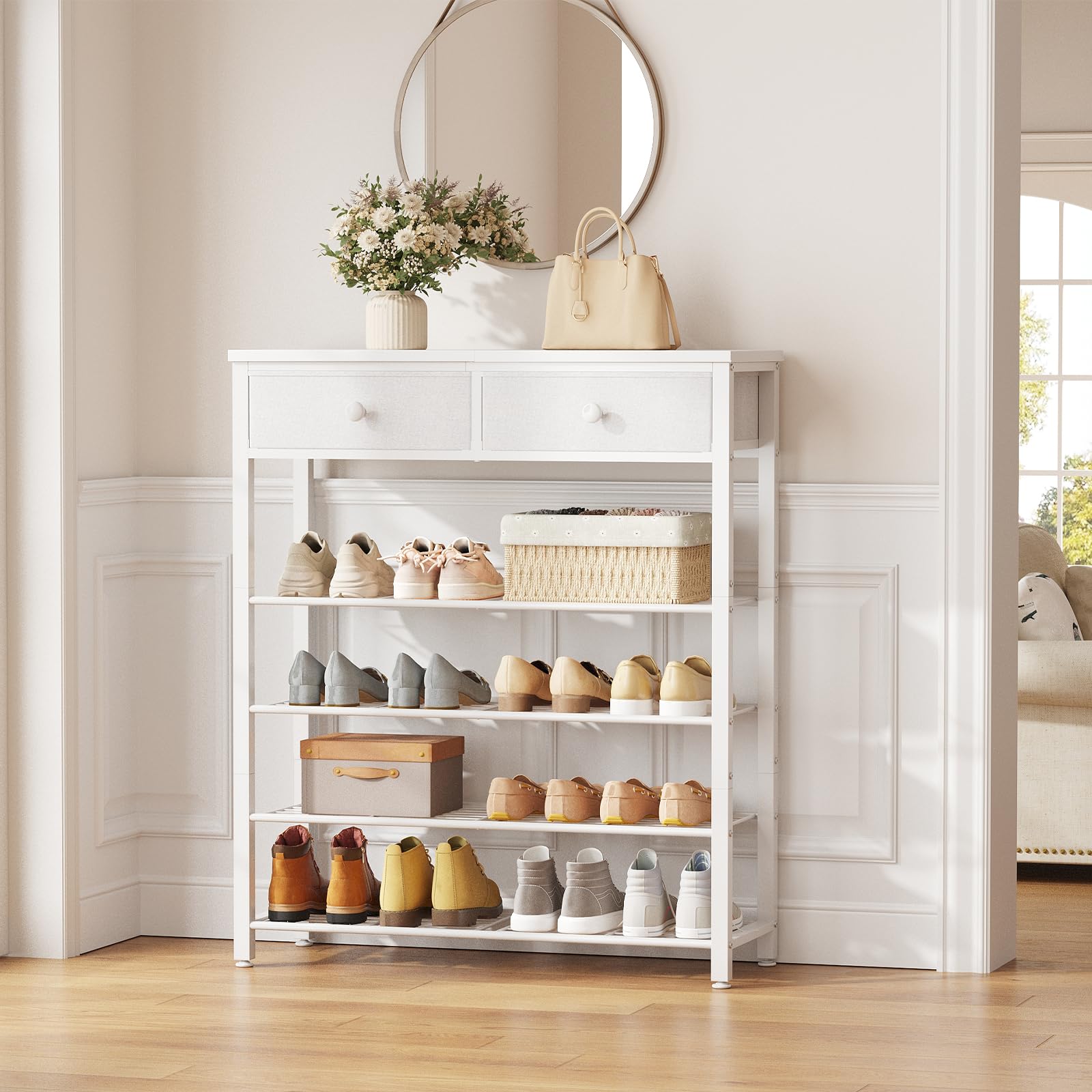 HOOBRO Zapatero con 2 Cajones y 4 Estantes de Rejilla, Mesa de Consola Estrecha para Recibidor, Estantería de 75 x 28 x 93 cm para Entrada, Sala de Estar, Balcón, Blanco EWW178XJ01