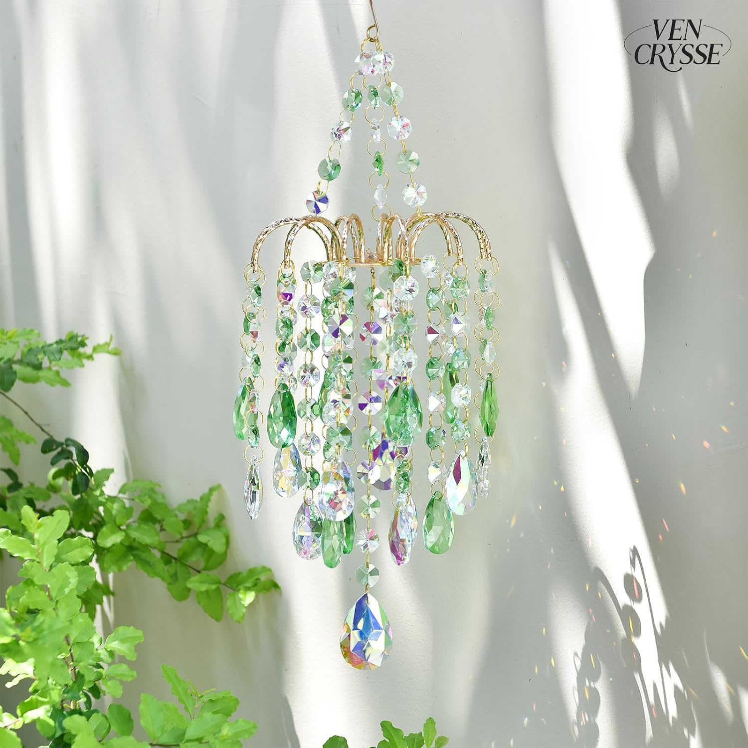 Hanging Window Garden Crystal Sun Catcher, Luxury Elegant Gold-Plated Decor, Party Crystal Ornament (Green)