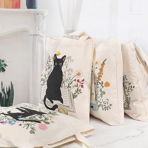 Miniatura 6 de Oudain 4 bolsas de lona para mujer, diseño floral de gato negro, estética, reutilizable, bolsas de comestibles, regalos lindos para amantes de los