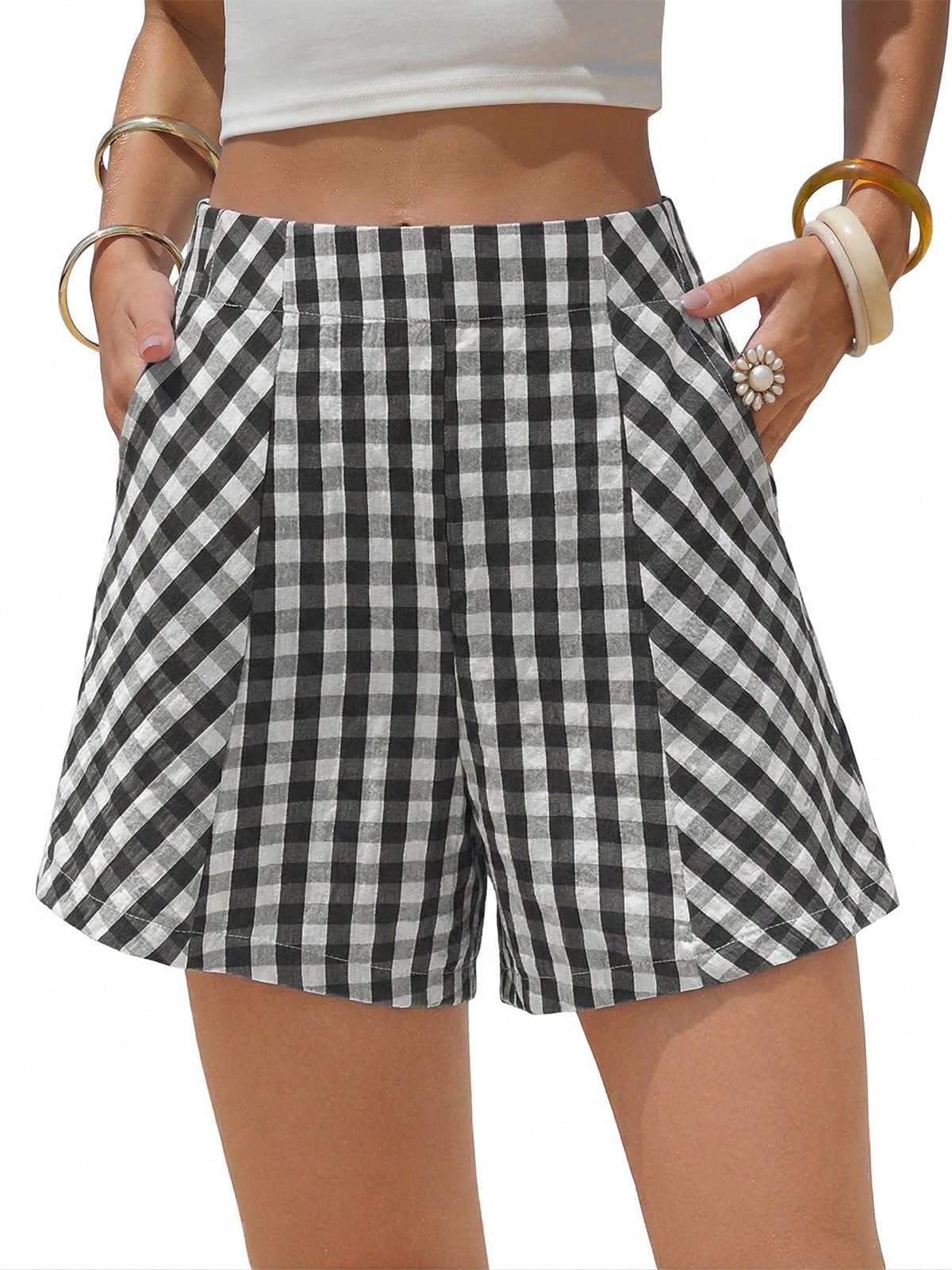 EXLURA Womens Cotton Boxer Shorts Faux Linen Gingham Shorts Summer High Waist Plaid Y2K Beach Bottoms Vacation Outfits 2026 Black White Plaid X-Small