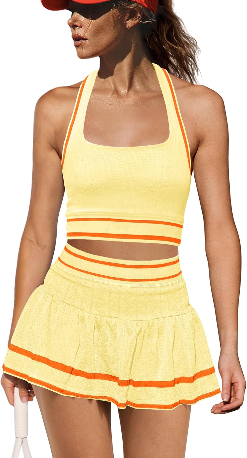 Yanekop Womens Tennis Skirt Set 2 Piece Workout Sets Golf Outfits Athletic Sets Cropped Tank Top and Skort with Shorts