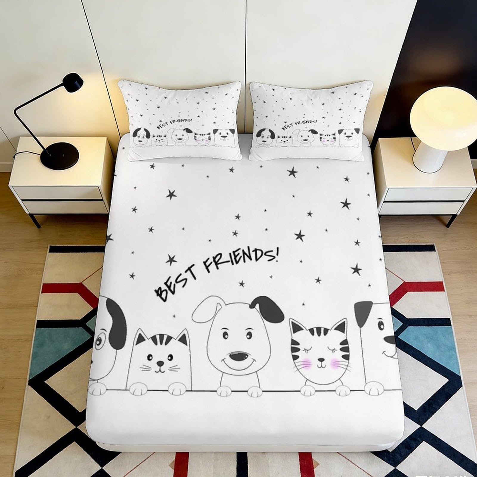 3D Printed Cartoon Dog Cat Fitted Sheet Microfiber Soft Anti-Slip Bed Cover for Bedroom Guest Room Easy Care 90x200x25cm
