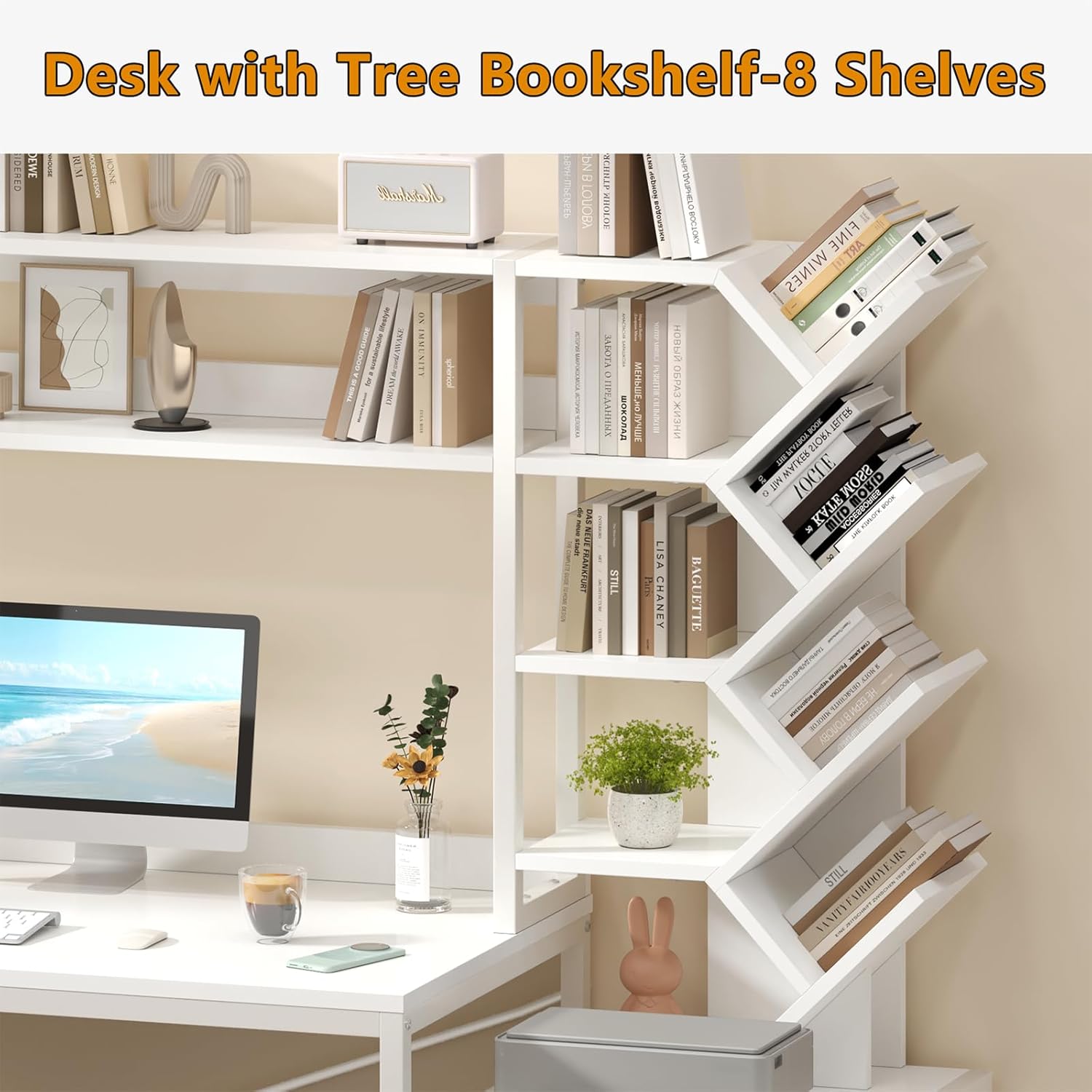 Reversible Computer Desk with Hutch, Home Office Desk with Drawers and Bookshelf, 52'' Study Writing Desk with Storage Shelves for Bedroom Home Office, White