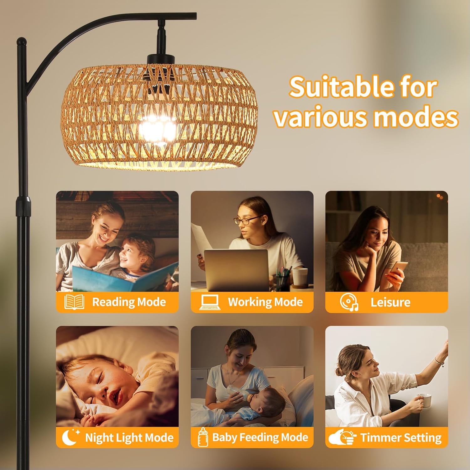 Boho Floor Lamp with Wooden Shelf – 9W Dimmable Smart Bulb Included, Remote Control Floor Lamp with Table,Rattan Shade Tall Standing Lamp for Living Room Bedroom Office