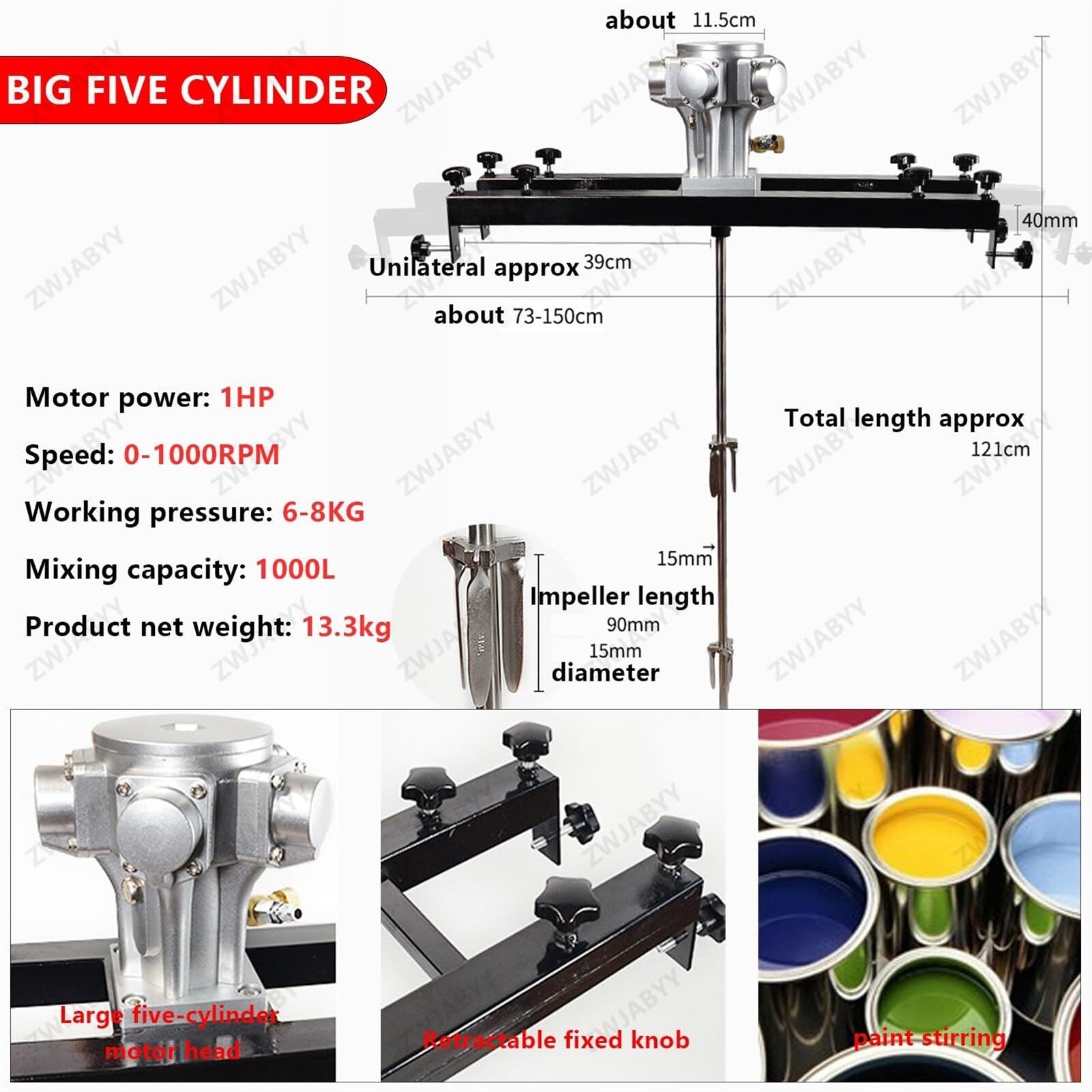 Máquina agitadora de pintura, agitador de aire IBC, mezclador de soporte neumático, herramienta de mezcla de pintura con agitador de 1/2HP, 3/4HP, 1HP, mezclador neumático comercial(Size:Large5cylinde