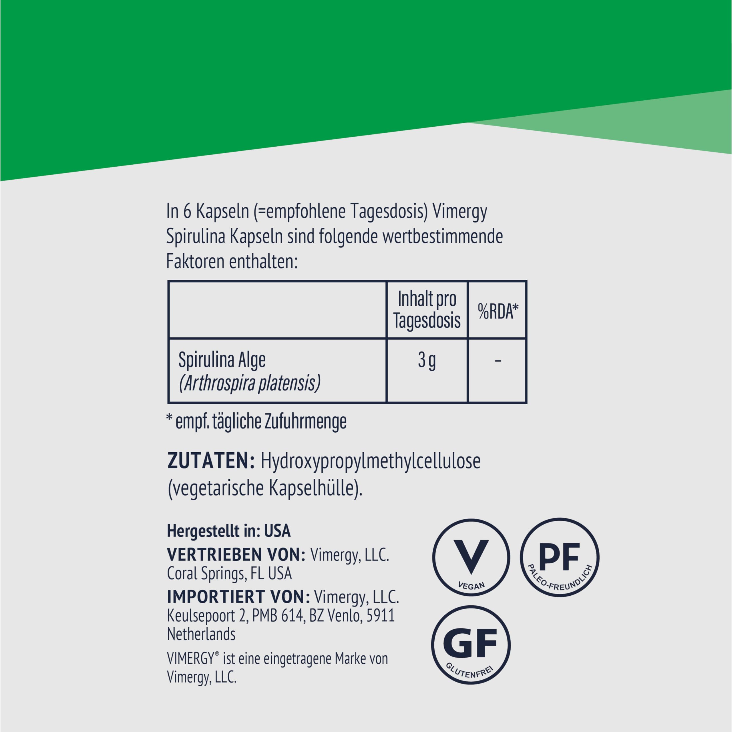 Vimergy Spirulina Kapseln, 30 Einnahmen – Starkes Superfood – Nahrungsergänzungsmittel - Ohne Trennmittel, ohne Füll- oder Farbstoffe, Gentechnik- und Glutenfrei (180 Stk.)