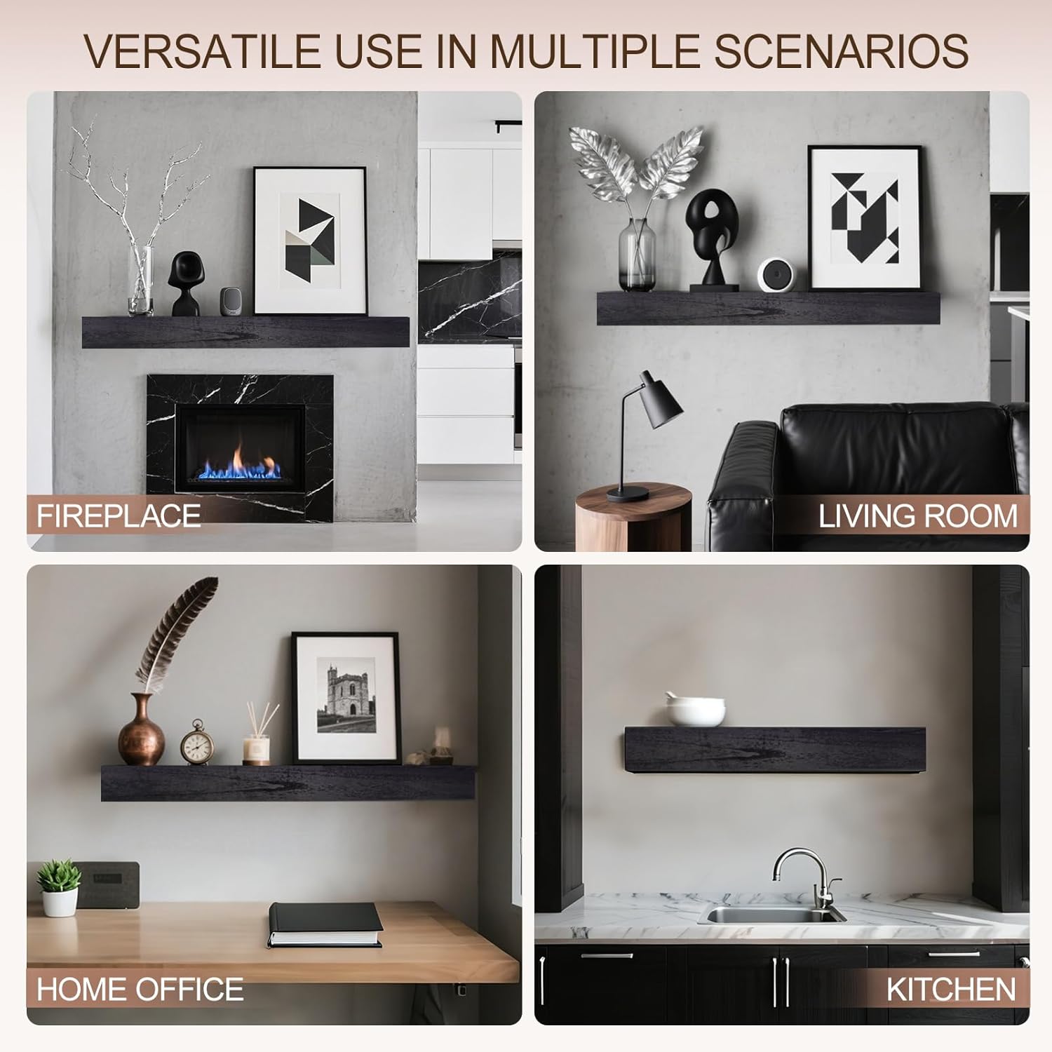 Fireplace Mantel Shelf, 60×8×5 Inch Wooden Floating Shelf for Over Fireplace, Handcrafted Wood Mantels, Wall-Mounted Mantel Shelves, Rustic Floating Mantels Shelves for Living Room, Black