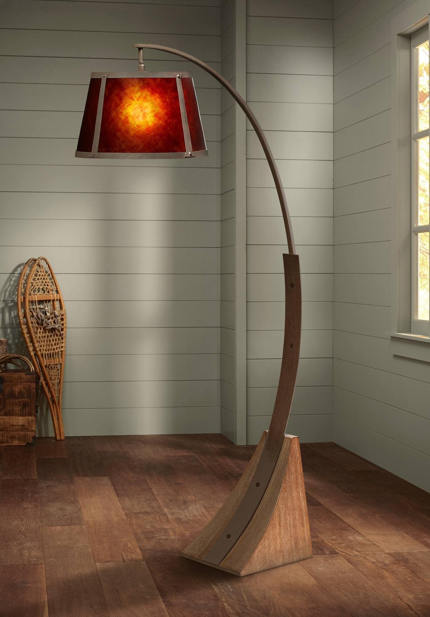 Oak River Rustic Farmhouse Mission Arc Floor Lamp Standing 66 1/2" Tall Dark Rust Natural Wood Amber Mica Drum Shade for Living Room Reading Bedroom Office Cottage Core Decor