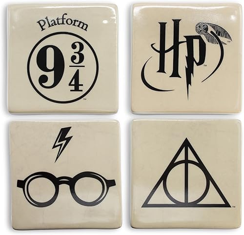 Harry Potter Icons - Posavasos cuadrados de cerámica para bebidas, juego de 4, protección de mesa para el hogar y la cocina, mesa de comedor,