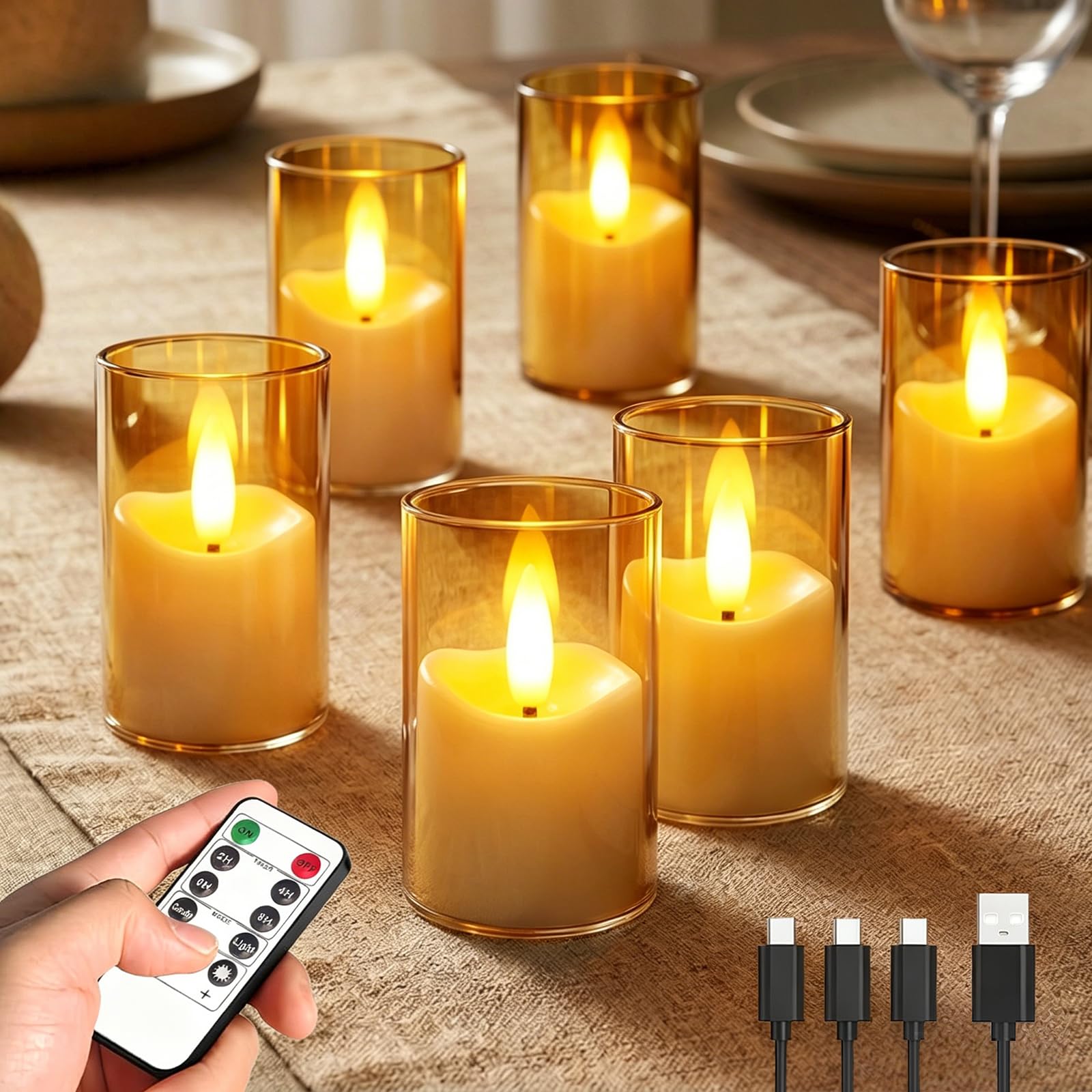 Photo 1 of Ntewidbroansa Rechargeable Flameless Tea Lights with Remote & Timer, Warm Flickering LED Votive Candles for Cozy Table Decor, Holidays, Weddings, Game Day & Everyday Home Ambience (Set of 6, Amber)