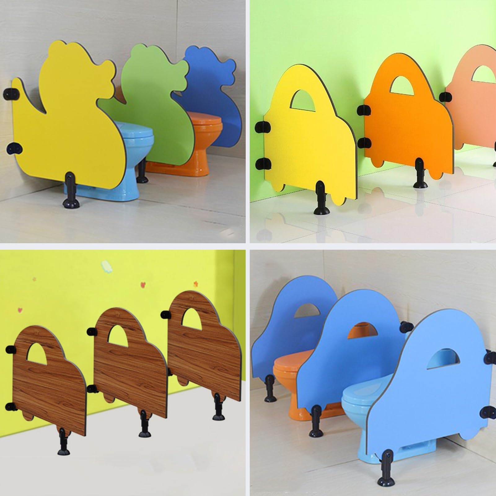 Confezione da 10 divisori per WC da Parete per asili Nido con staffe e Gambe di Supporto, Resistenti divisori per orinatoi in Legno Arancione per bagni di asili e scuole (60x75 cm).