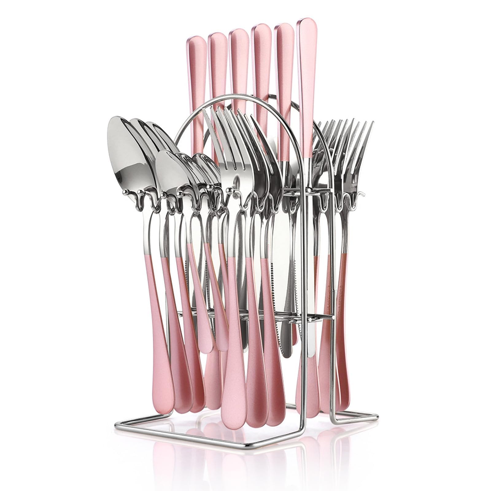 Juego de cubiertos con soporte, juego de cubiertos de acero inoxidable de 24 piezas con soporte, tenedor y cuchara para 6 personas, moderno juego de utensilios de cocina (rosa)