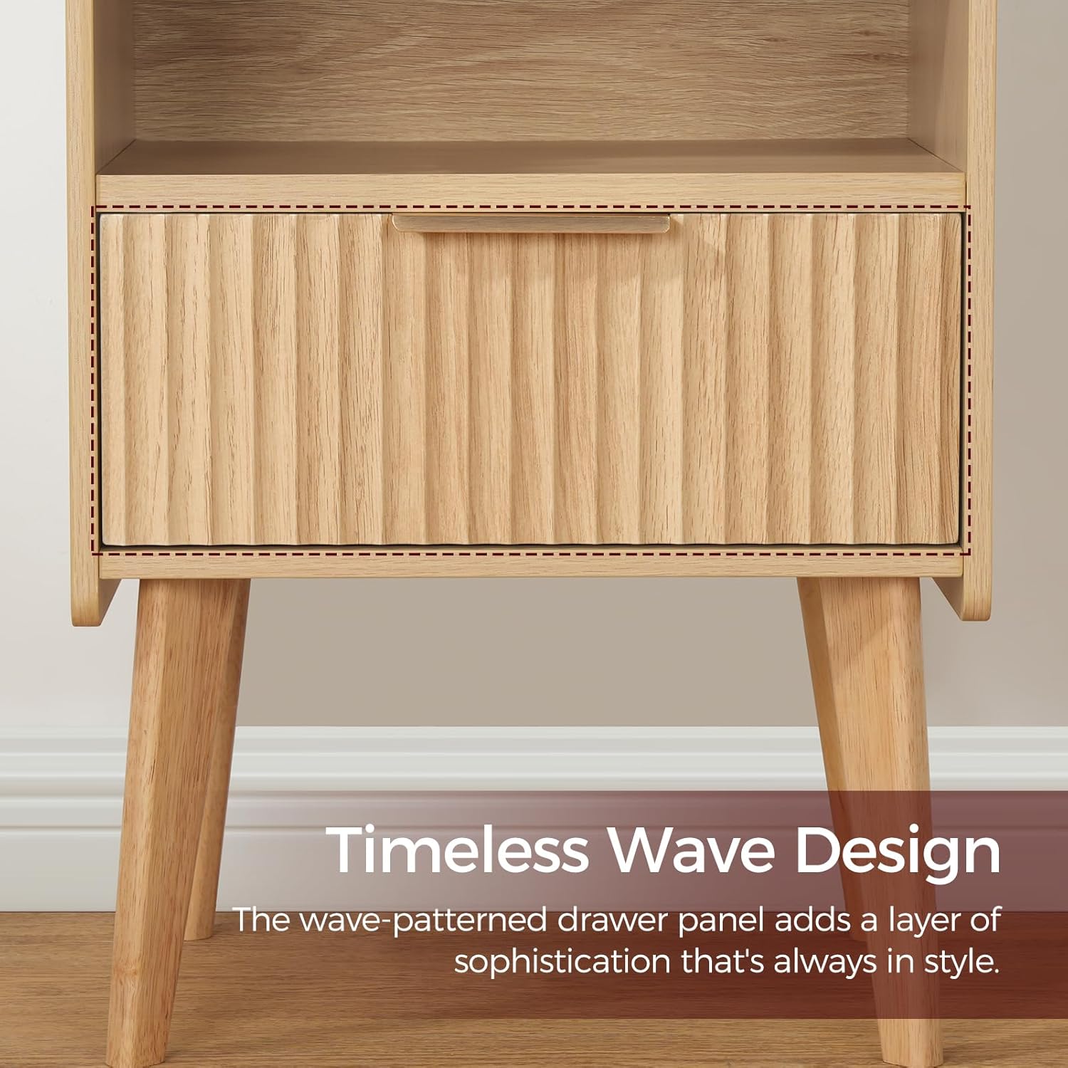 Natural Nightstand with Charging Station, Modern Bedside Table with Drawer and Storage Shelf, End Side Table with Solid Wood Legs, Night Stand, Living Room, Bedroom, Small Space, ETNA61E01 - Image 8