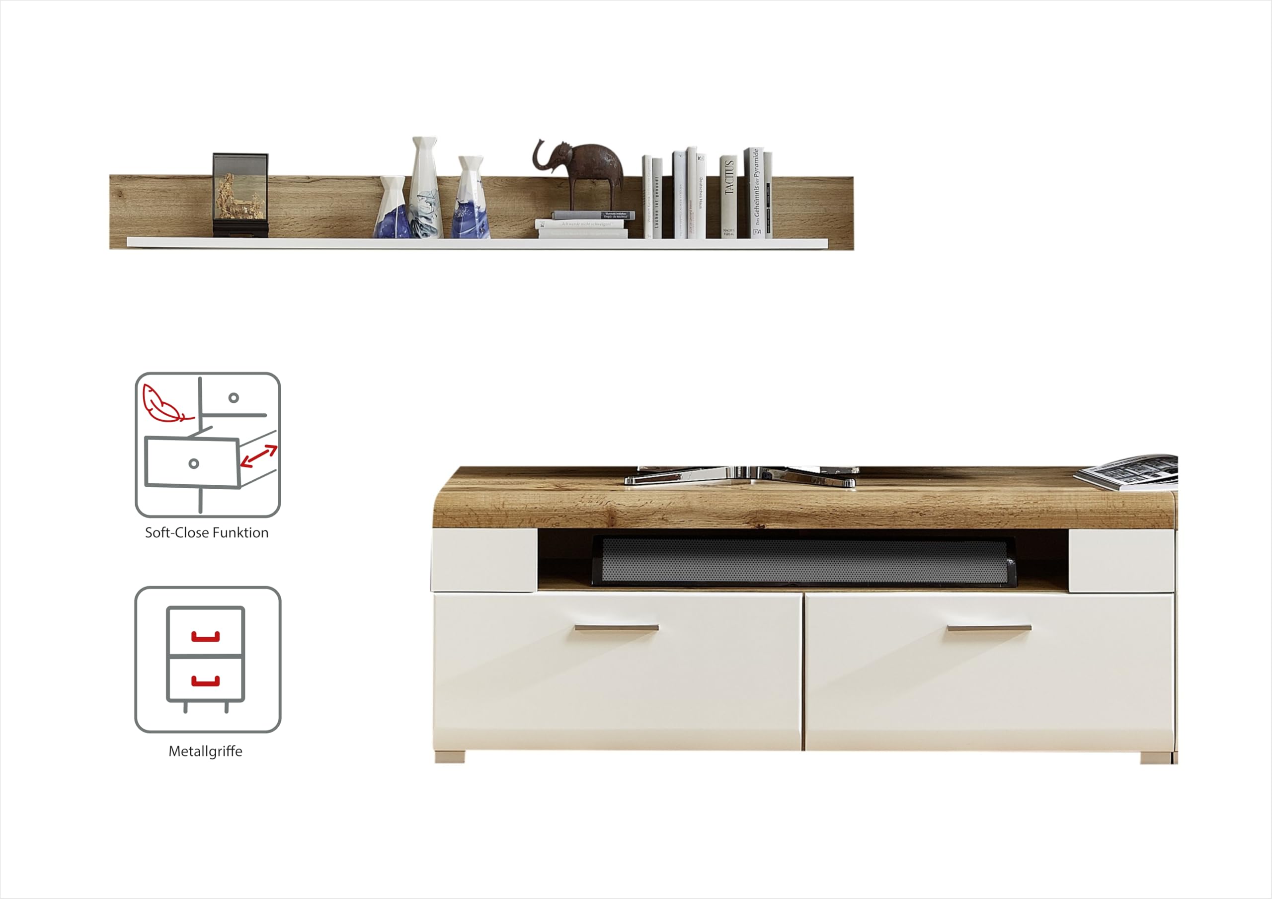 Stella Trading Fun Plus Wohnwand Komplett-Set mit schönen Hirnholz-Applikationen & Eiche Dekor - Moderne Schrankwand für Ihr Wohnzimmer - 325 x 205 x 47 cm (B/H/T)