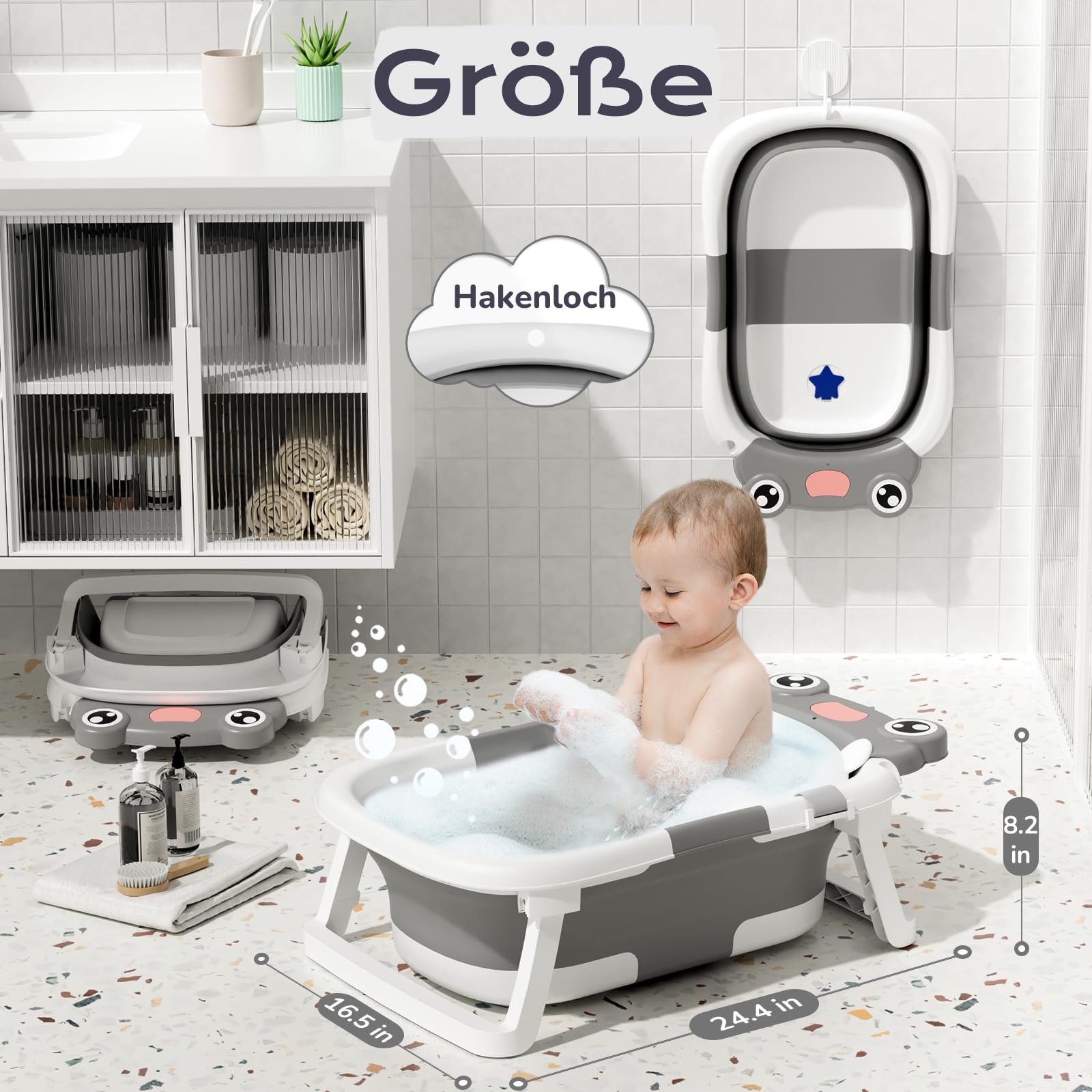 COOSEYA Baby Badewanne, Faltbare Babywanne mit Babybadewanne Stützkissen, Portable Baby Bathtub als Wesentliche Artikel für Neugeborene und Kleinkind, Frosch - Design (Grau)