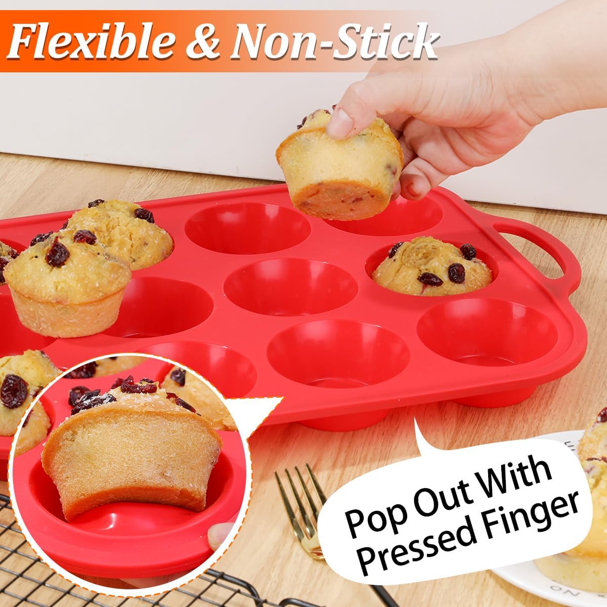 CAKETIME Silicone Muffin Pan with Metal Reinforced Frame Regular Size Muffin Pan with Handle Easy to Move 12 Cups for Baking Nonstick Muffin Tin BPA Free 1 Pack Red