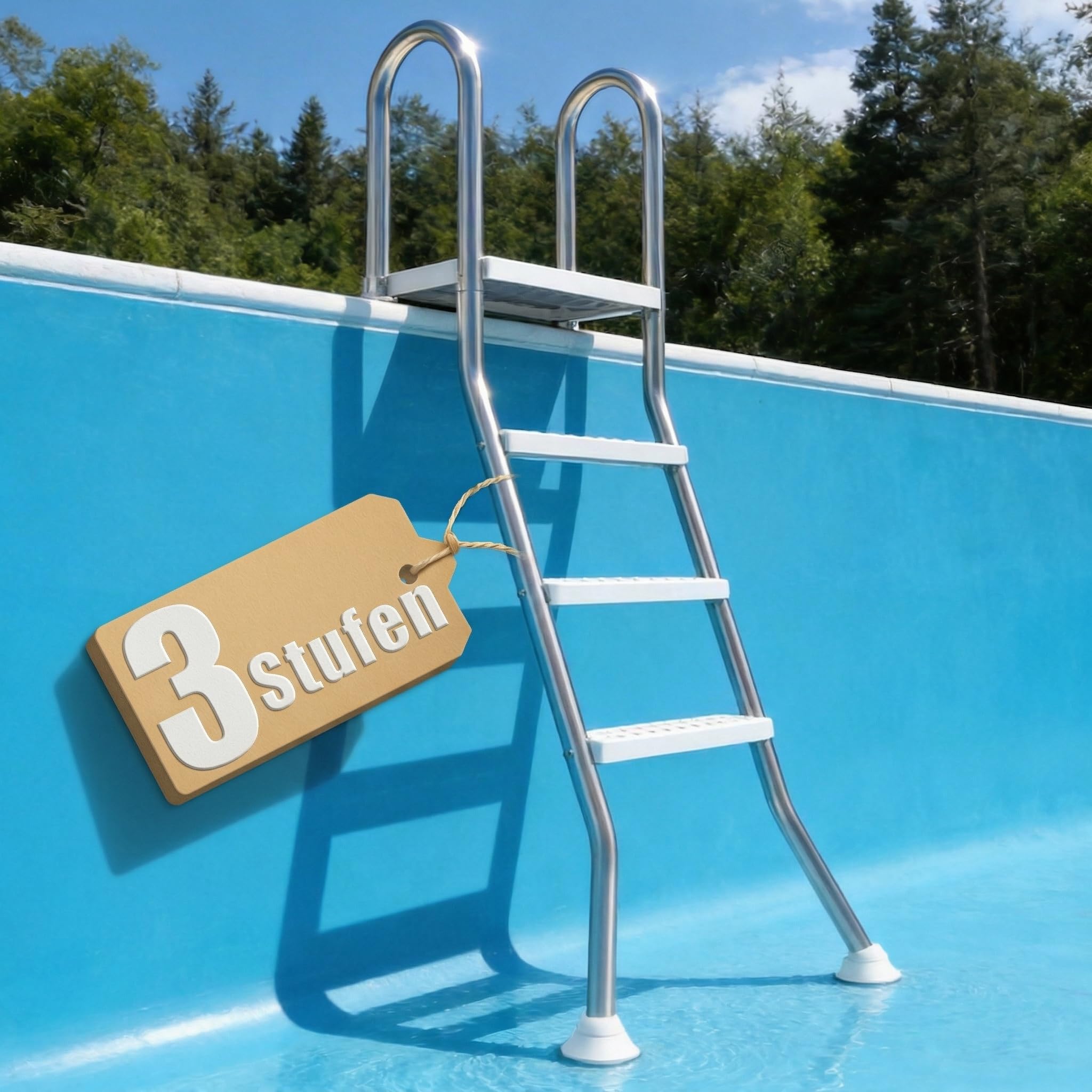 Poolleiter 3 Stufen aus 304 Edelstahl, rutschfeste Schwimmbadtreppe, Mobile Einstiegshilfe für Teilversenkte Pools bis 115 cm Beckentiefe
