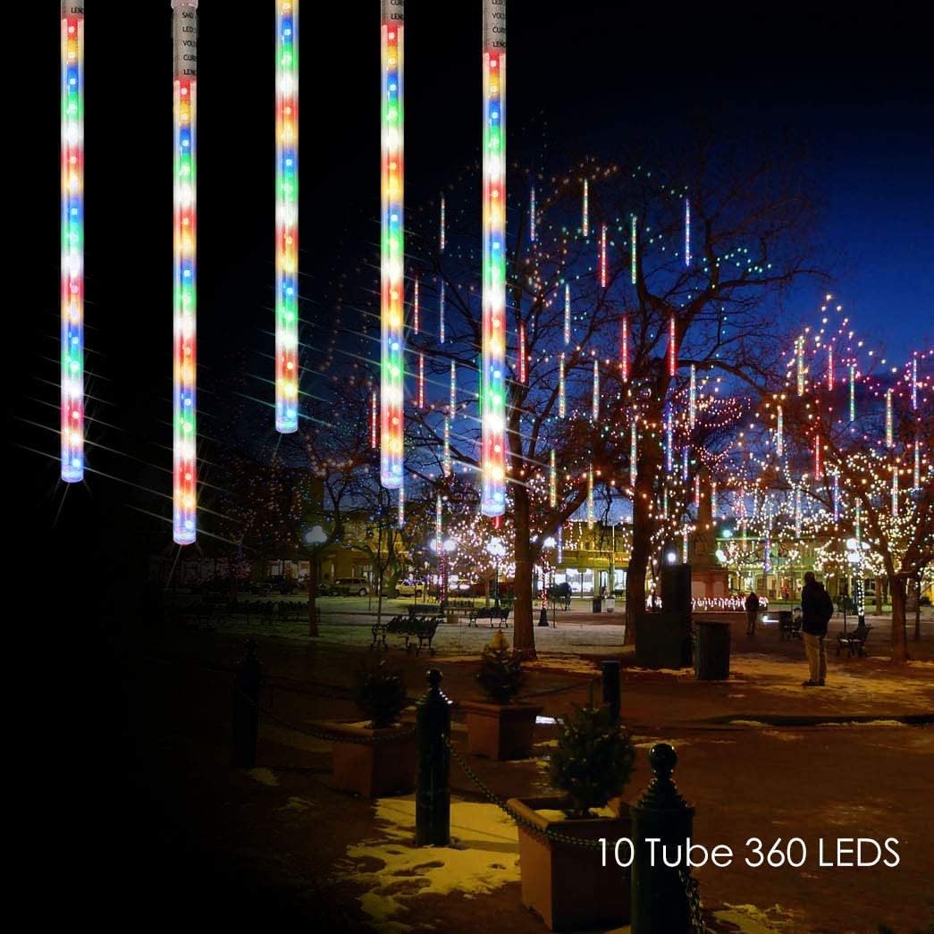 Lalapao Outdoor Christmas String Lights Solar Powered LED Meteor Shower Rain Lights Falling Raindrop Light 10 Tubes 360 LED Cascading Fairy Lights for Xmas Tree Garden Wedding Party Decor(Multi-Color)