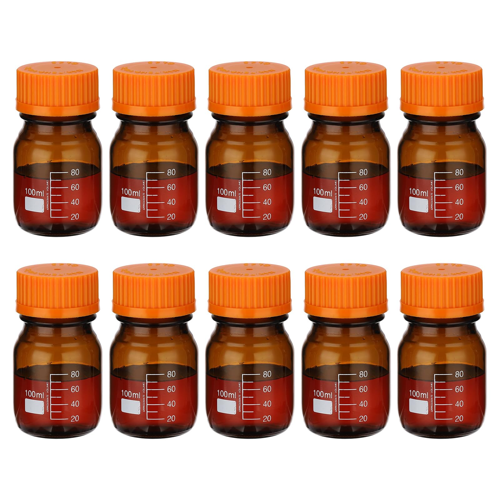 PATIKIL 10 Pack Reagent Media Storage Bottles, 100ml Borosilicate Glass Graduated Round Bottles with Orange GL32 Screw Cap for Lab Water Reagent