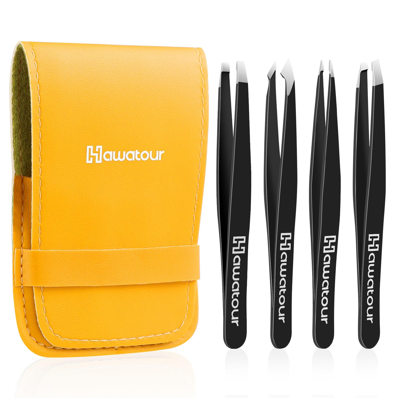 Pinzas para cejas HAWATOUR juego de 4 piezas con funda de cuero negro para depilación