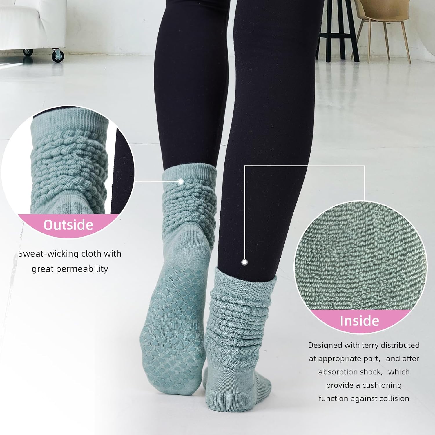 3 Pairs Grip Pilates Yoga Socks for Women, Non-Slip Slouch Scrunch Socks for Barre Home Studio Hospital Workout - Image 6