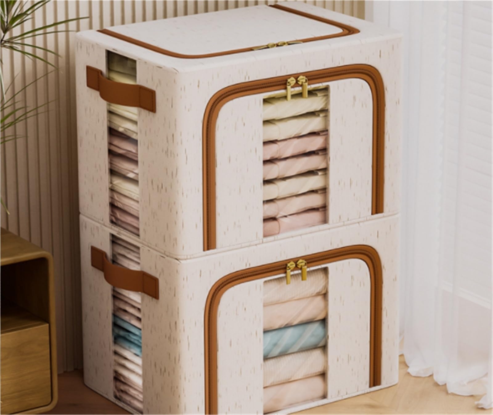 Bolsas Almacenaje Ropa Caja De Almacenamiento Apilable con Caja De Almacenamiento Plegable con Asa De Cremallera Y Ventana Transparente Organizador Armario para Edredones(50 * 40 * 32cm)