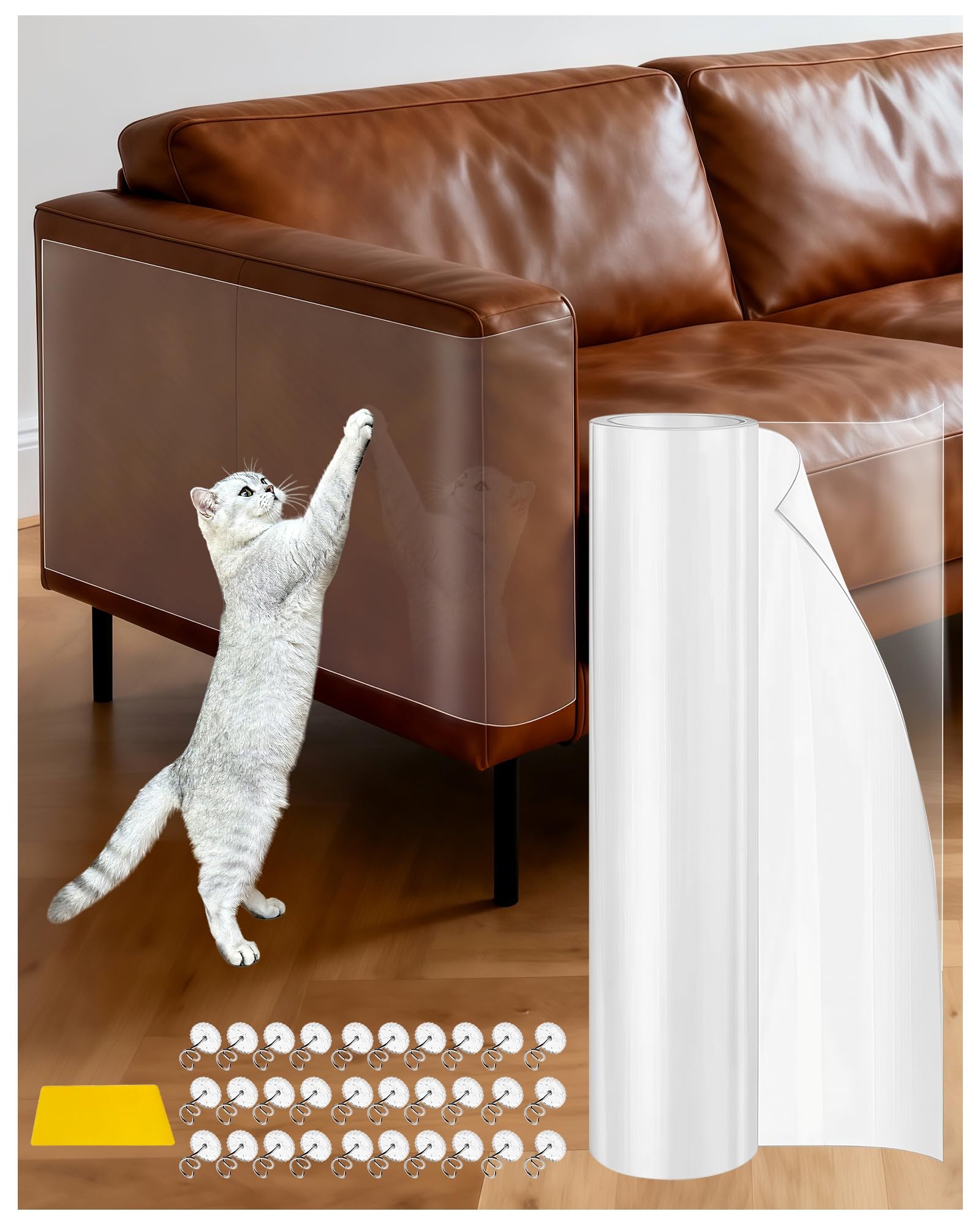 Anti Cat Scratch Furniture Protector - 43 x 500cm, Strong Adhesion Sofa Protectors from Pets, Durable PET Material, No Residue, with Scraper & 30 Pins, Stop Scratching for Sofa, Door, Wall, Carpet