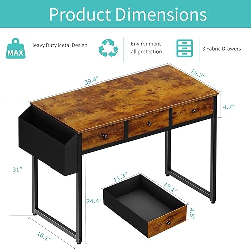 Miniatura 3 de Lufeiya Escritorio de computadora con 3 cajones de tela, para dormitorio, escritorio de computadora de oficina en casa de 39 pulgadas con cajón de