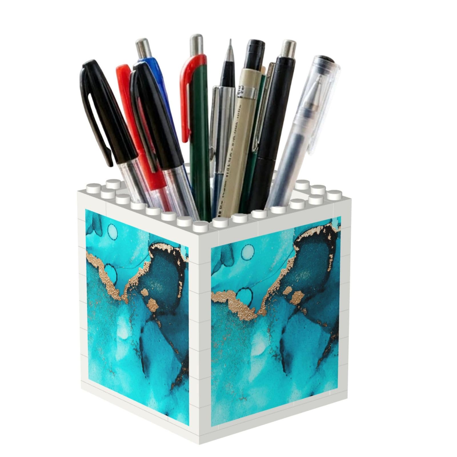 Poadnly Trendy Abstract Teal Gold Swirls, Pen Pot Pencil Holder for Office Home School, Compact Desk Organiser for Office Stationery