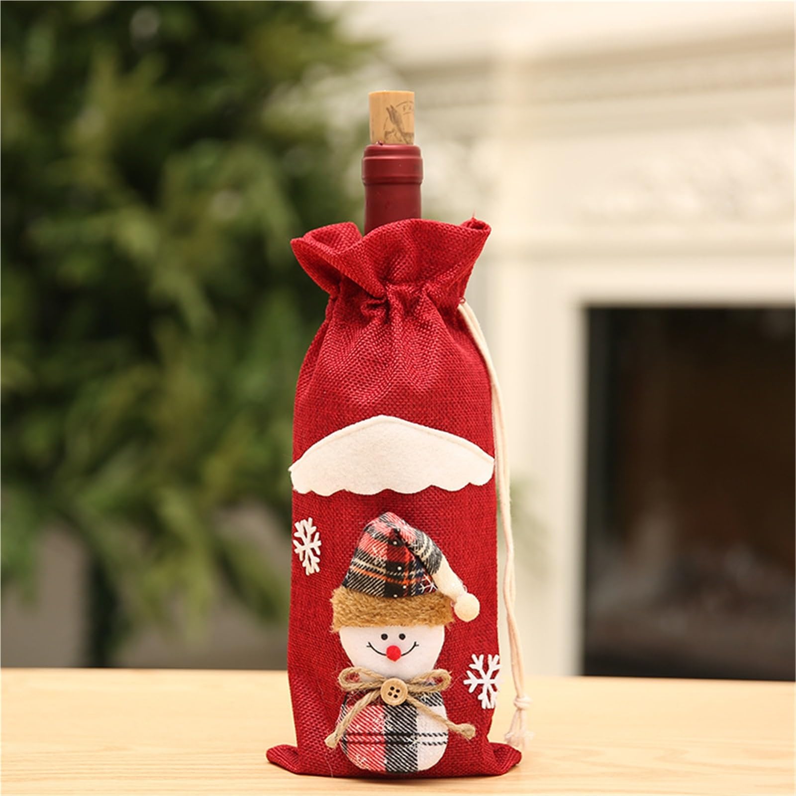 Lot de 3 Housses Bouteille vin Rouge Champagne Noël, Sac en Lin, Ensemble Bouteilles Table, Habillage pour Bouteilles