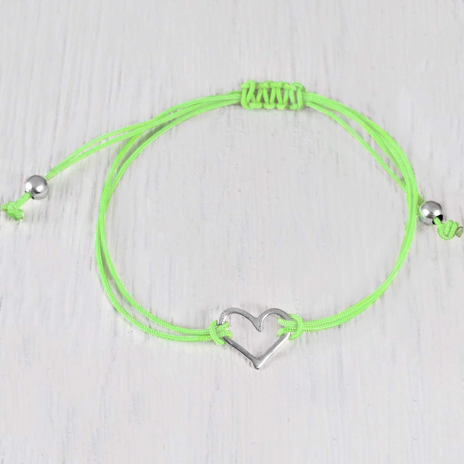 Lime Green, Womens Friendship Bracelet, Small Handmade Sterling Silver 925 Open Heart Shaped Charm, Pull Adjustable Kindred Cord Thread. Perfect Small Gift - Image 3