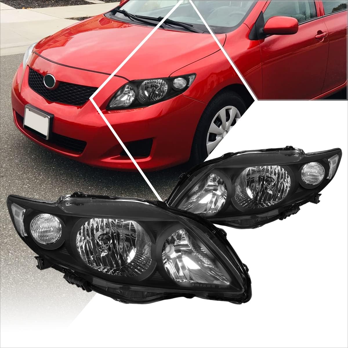 PM PERFORMOTOR Headlights Assembly Compatible with 2009 2010 Toyota Corolla, 2Pcs Headlamps with Black Housing Amber Corner