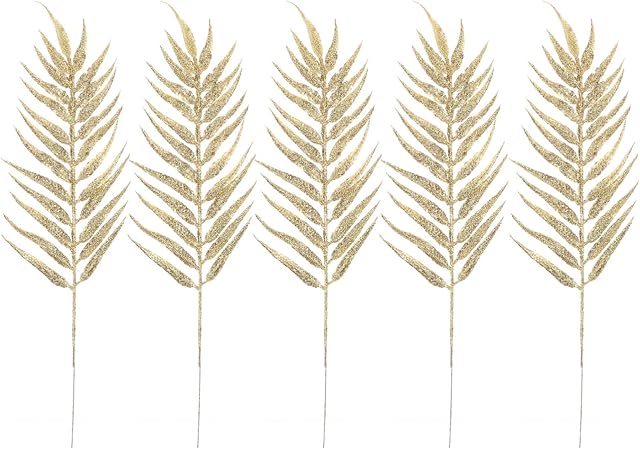 TOYANDONA 5Pcs Christmas Glitter Leaves Gold Leaves Stem 40cm Christmas Tree Picks Holiday Floral Ornaments Xmas Vase Filler Winter Xmas Table Centerpiece